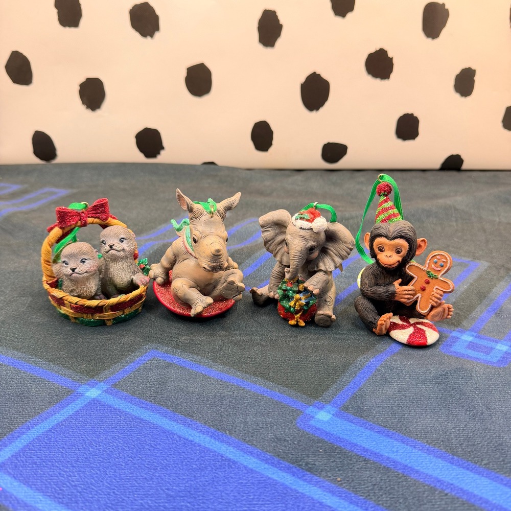 Danbury Mint Baby Animal Ornaments Lot of 4 Otter Rhino Elephant Chimp Figurine